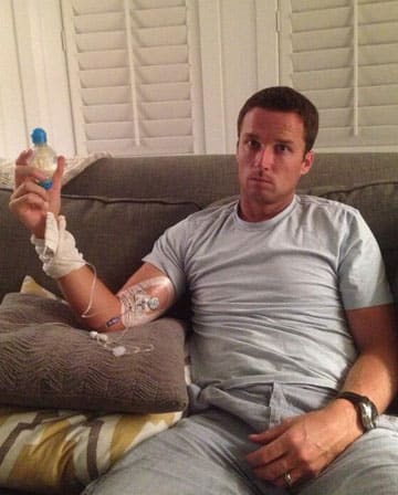 Tynes was forced to take meds through a PICC line, which snakes through the veins to deliver antibiotics directly into the heart. (Courtesy the Tynes family)